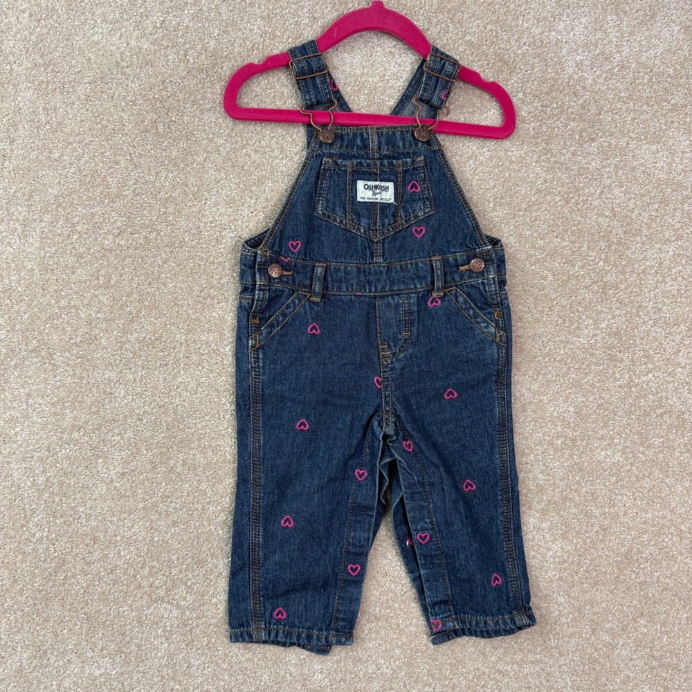 OSHKOSH Vestbak Denim Overalls Girls 9M Pink Heart Embroidered Bib